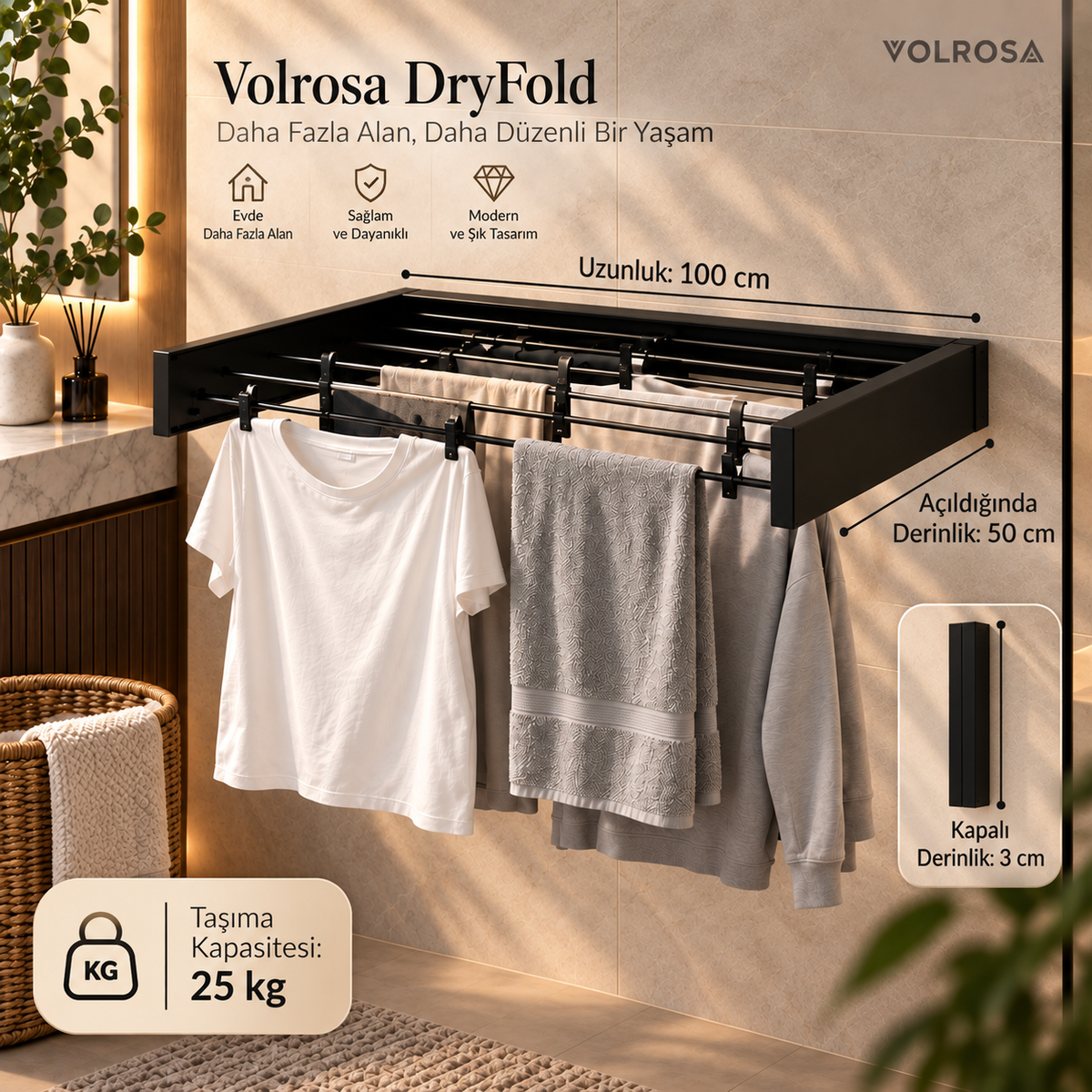 Volrosa DryFold™ | Katlanabilir Duvar Tipi Çamaşır Kurutmalık 100 CM