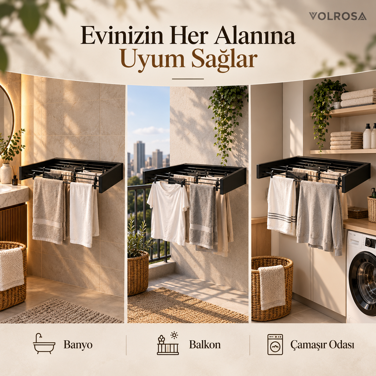Volrosa DryFold™ | Katlanabilir Duvar Tipi Çamaşır Kurutmalık 100 CM